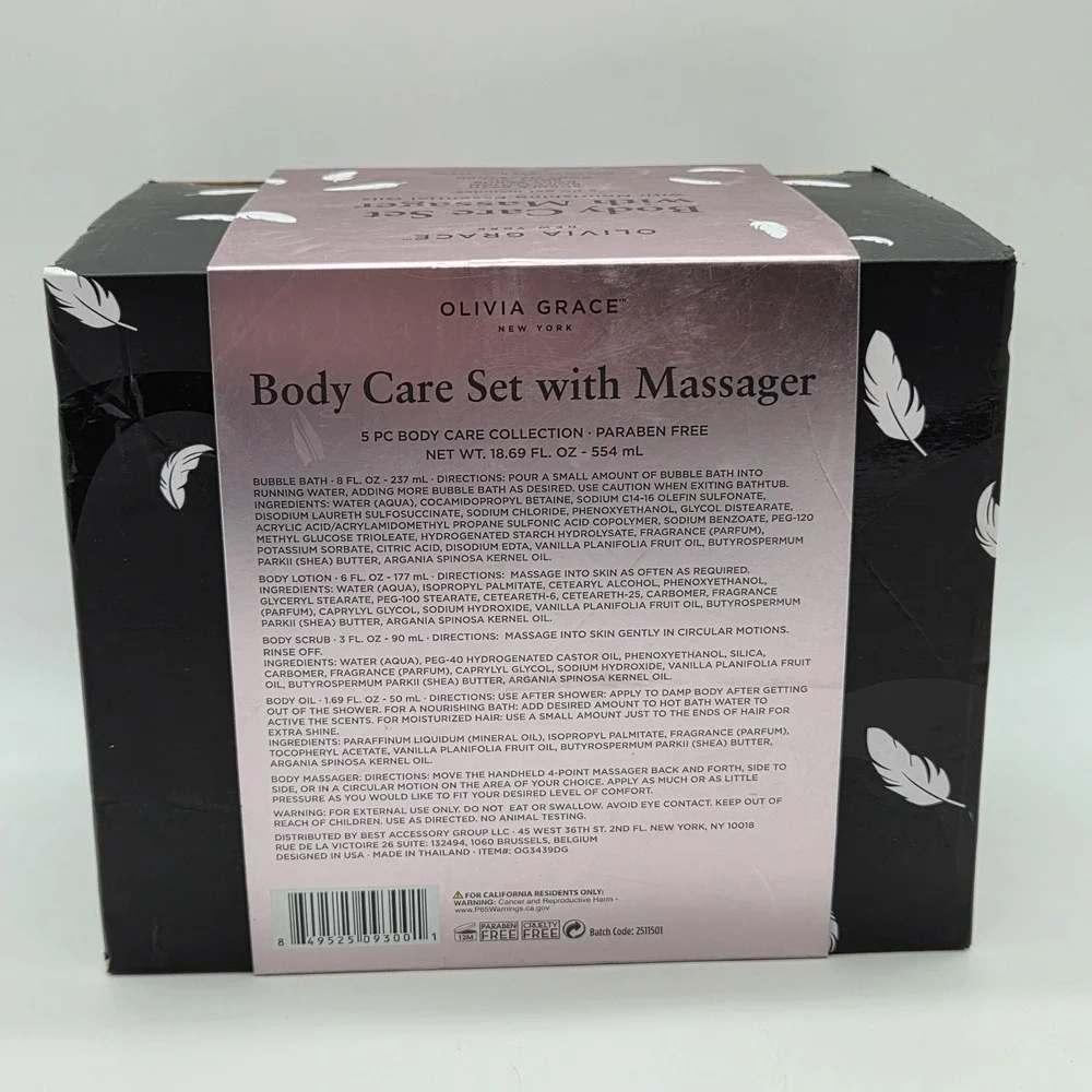 Olivia Grace Body Care With Massager 5 PC Set Vanilla Almond Scented Collection